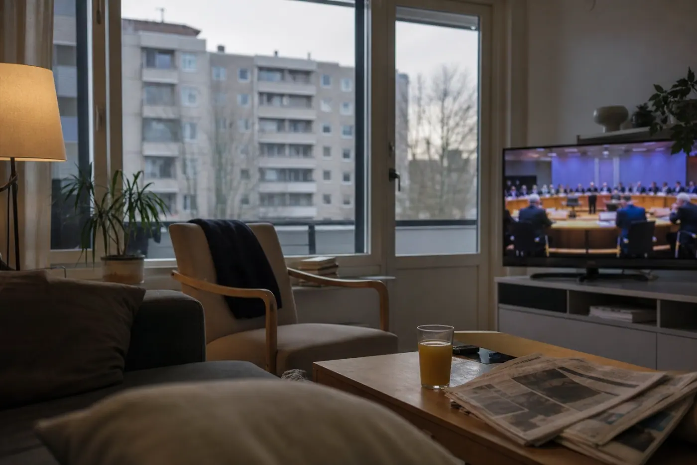Hervantalaisen asunnon olohuoneessa television edessä on pöytä, jolla on sanomalehtiä ja lasi mehua.