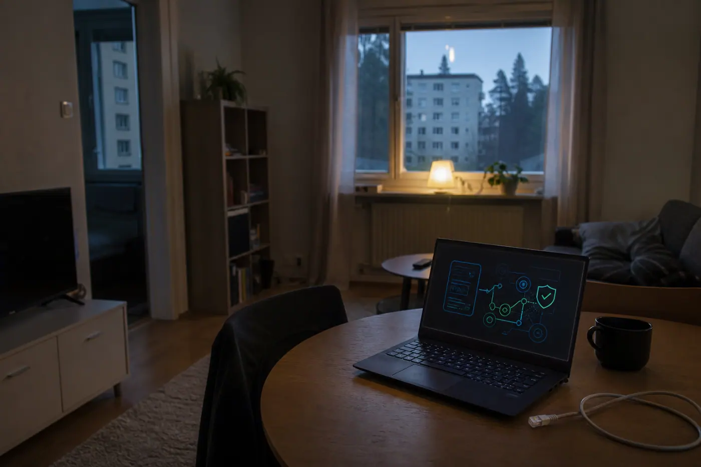 Hervantalaisen asunnon olohuoneen pöydällä on kannettava tietokone, jossa näkyy abstrakteja kyberturvallisuuskuvioita, sekä irrotettu verkkokaapeli.
