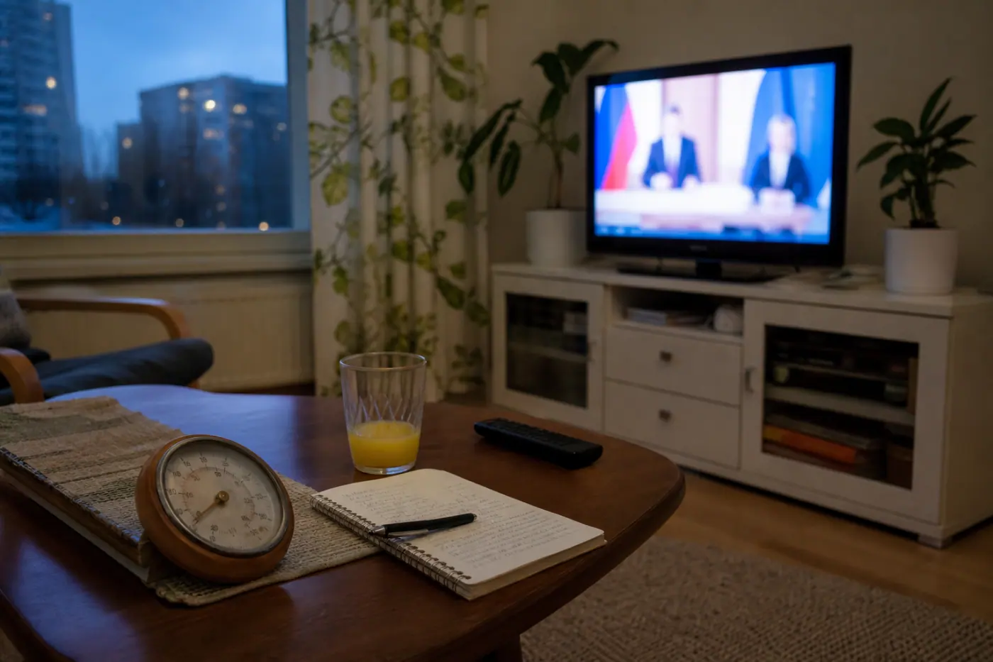 Hervantalaisen asunnon olohuoneessa on televisio, muistivihko, lasi mehua ja saunan lämpömittari.