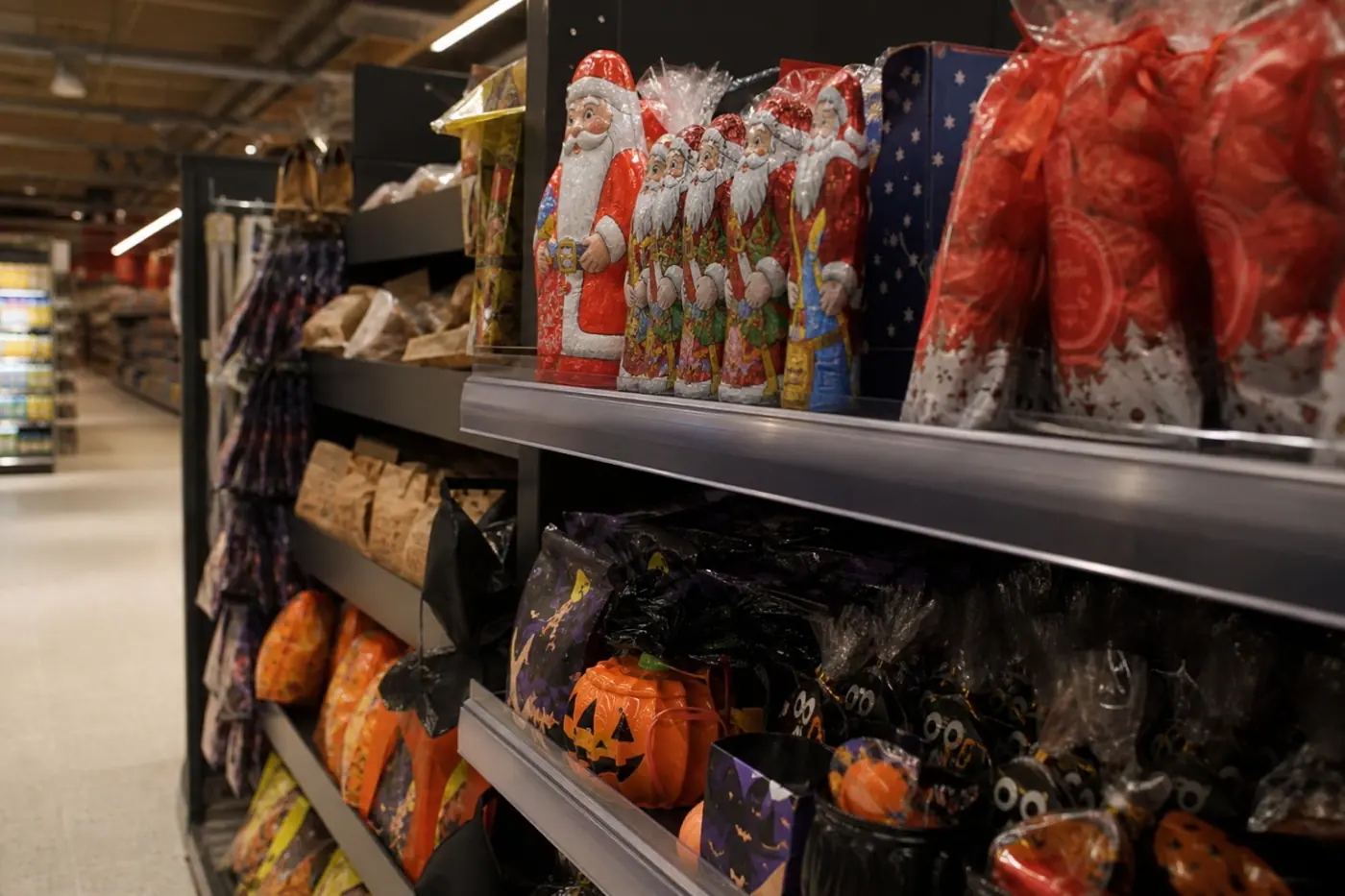 Ruokakaupan hyllyllä on vierekkäin joulusuklaita ja halloween-aiheisia tuotteita.