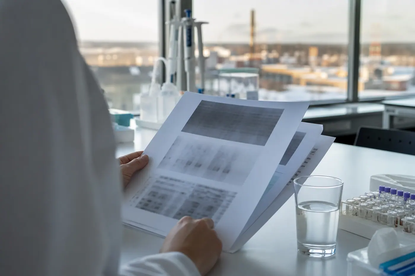 Tutkimustyöpöytä, jolla on tutkimuspapereita, vesilasi ja laboratoriotarjotin.