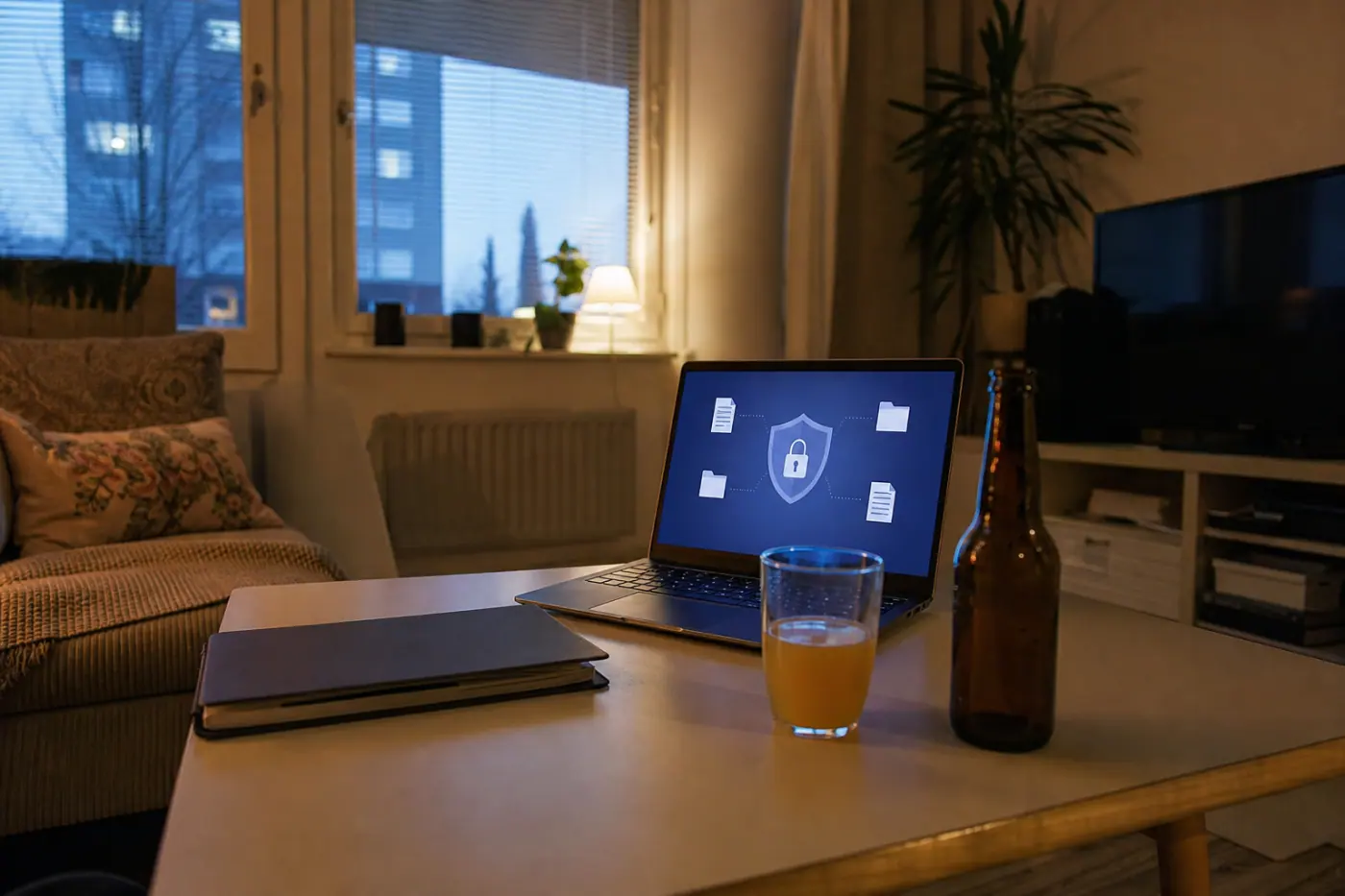 Hervantalaisen asunnon olohuoneen pöydällä on kannettava tietokone, suljettu kansio, mehulasillinen ja avoin olutpullo.