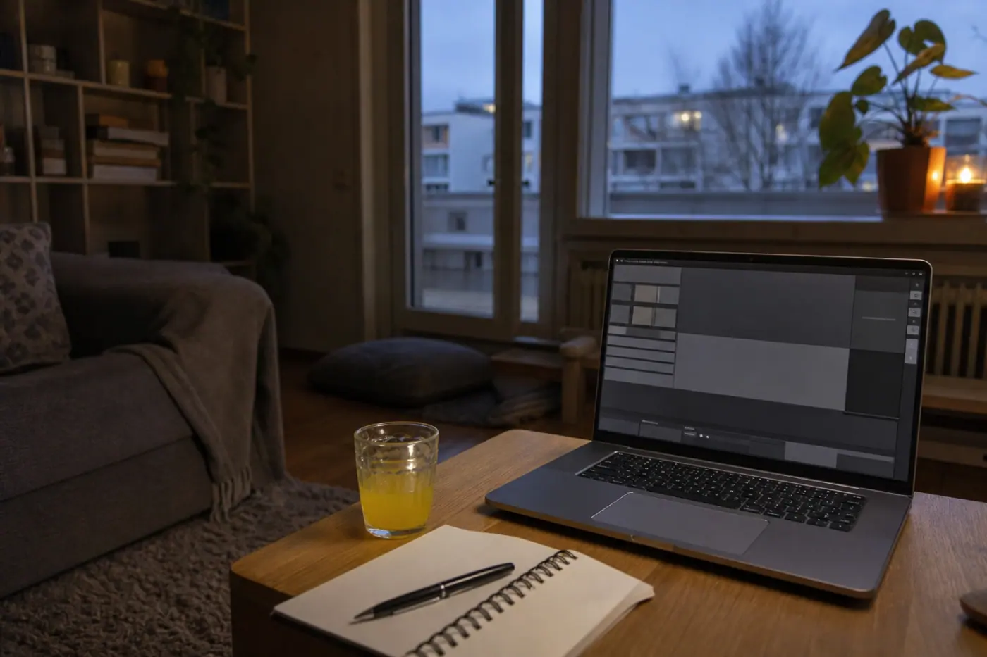 Hervantalaisen olohuoneen pöydällä on avoin kannettava tietokone, muistivihko ja lasi mehua.
