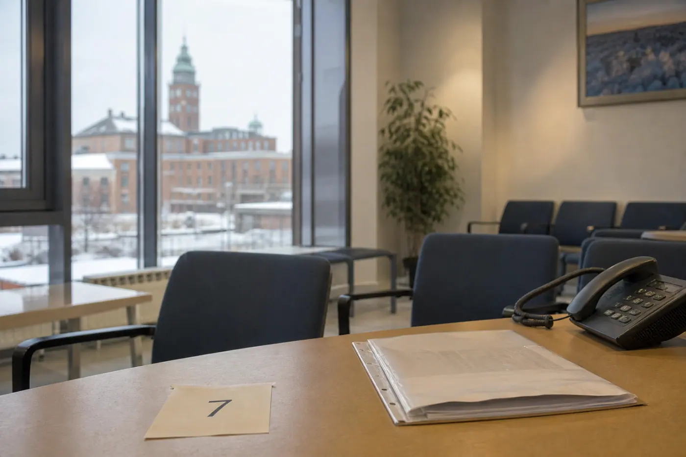 Pöydällä on virallisia asiakirjoja sisältävä kansio, puhelin ja jonotusnumero rauhallisessa asiointitilassa.