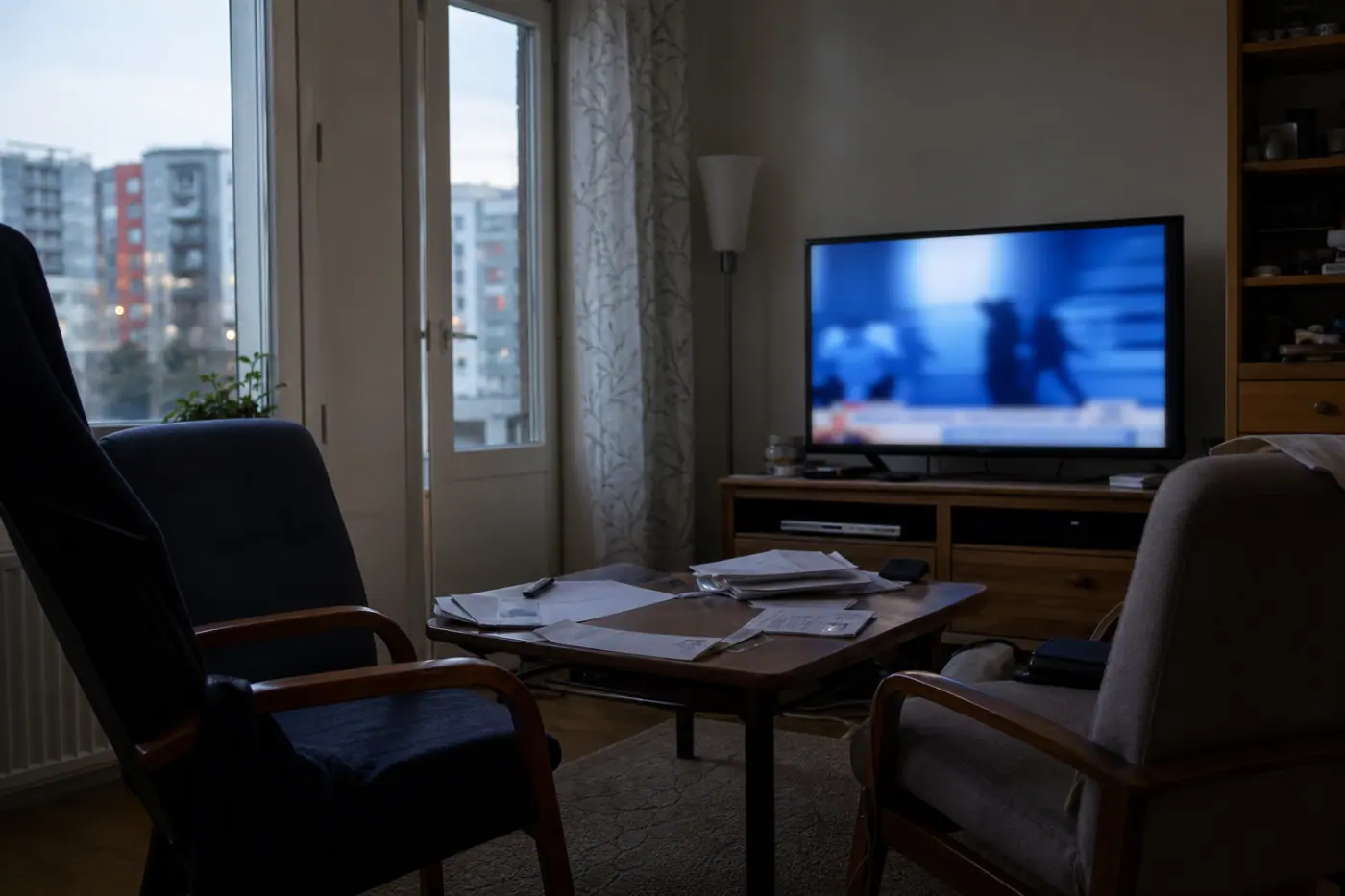 Hervantalaisen olohuoneen pöydällä on papereita ja taustalla televisio, jossa näkyy epätarkka kansainvälinen uutislähetys.