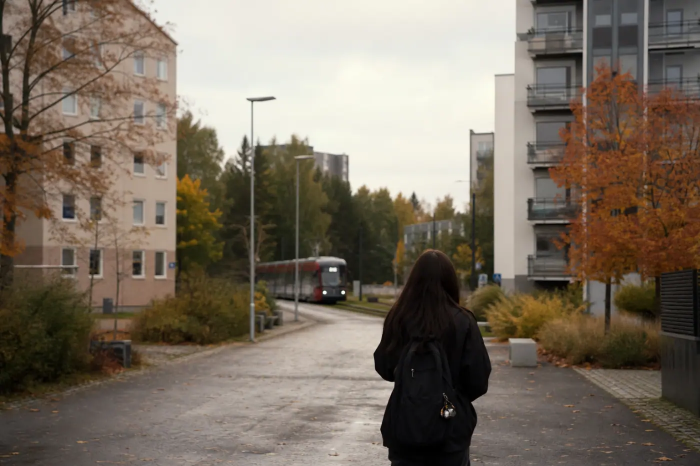 Hervannan asuinkatu ja taustalla kulkeva raitiotie pilvisenä syyspäivänä; etualalla näkyy selin seisova reppua kantava nuori aikuinen.