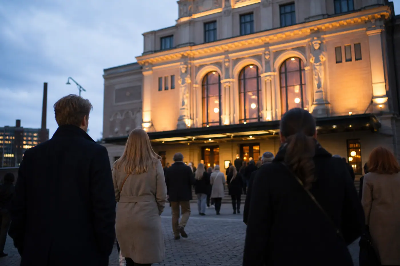 Teatterirakennuksen valaistu sisäänkäynti ilta-aikaan ja muutama selin näkyvä katsoja matkalla sisälle