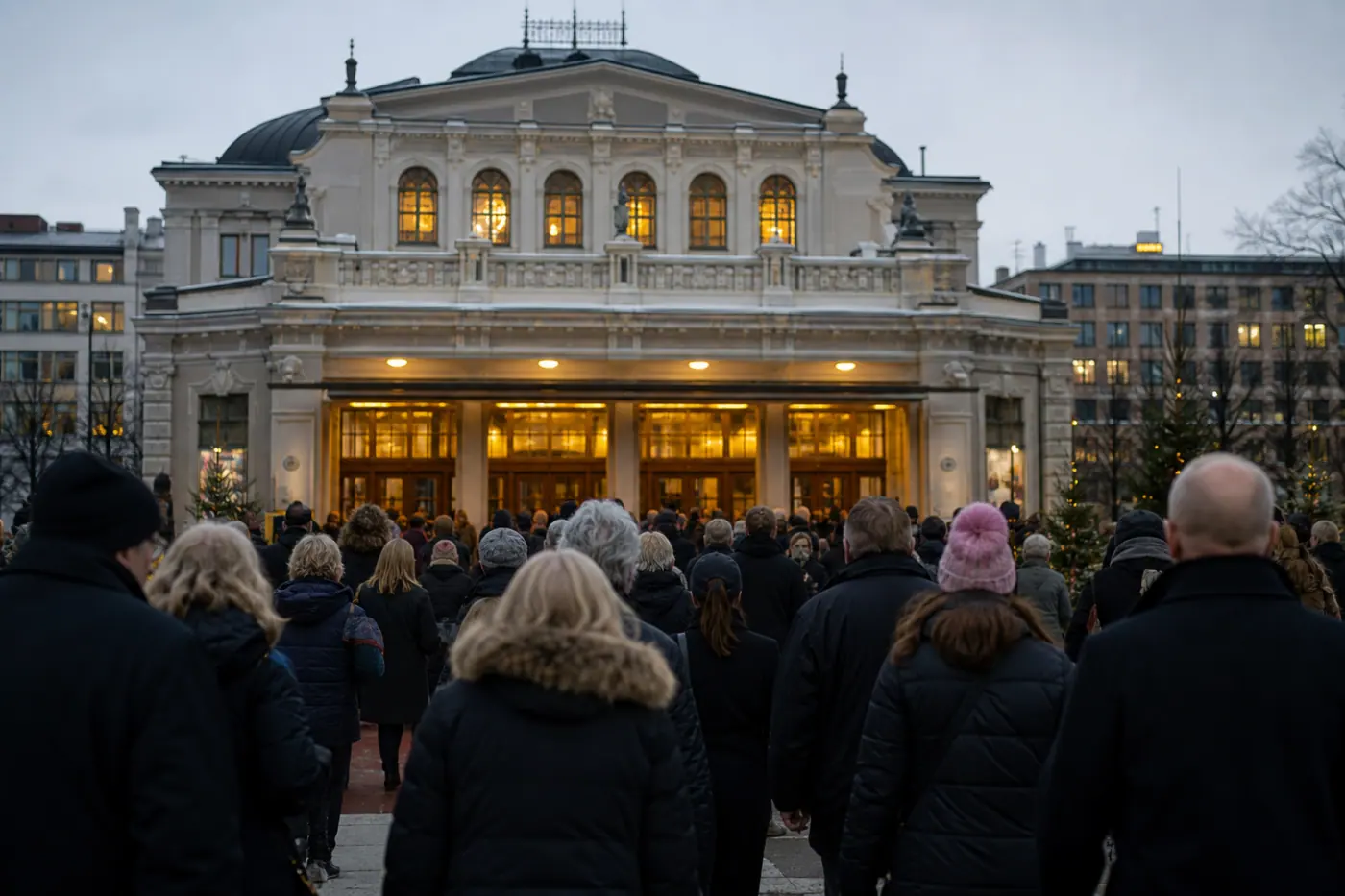 Teatterirakennuksen valaistu sisäänkäynti ja avajaisiin saapuva yleisö ilta-aikaan.