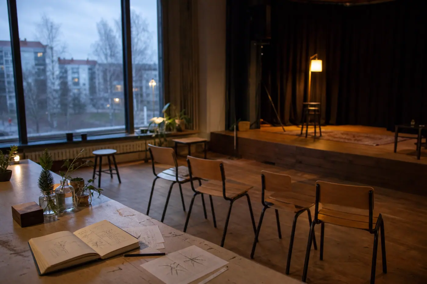 Pieni kulttuuritila, jossa on tuoleja, avoin kirja ja esiintymiseen valmisteltu alue.