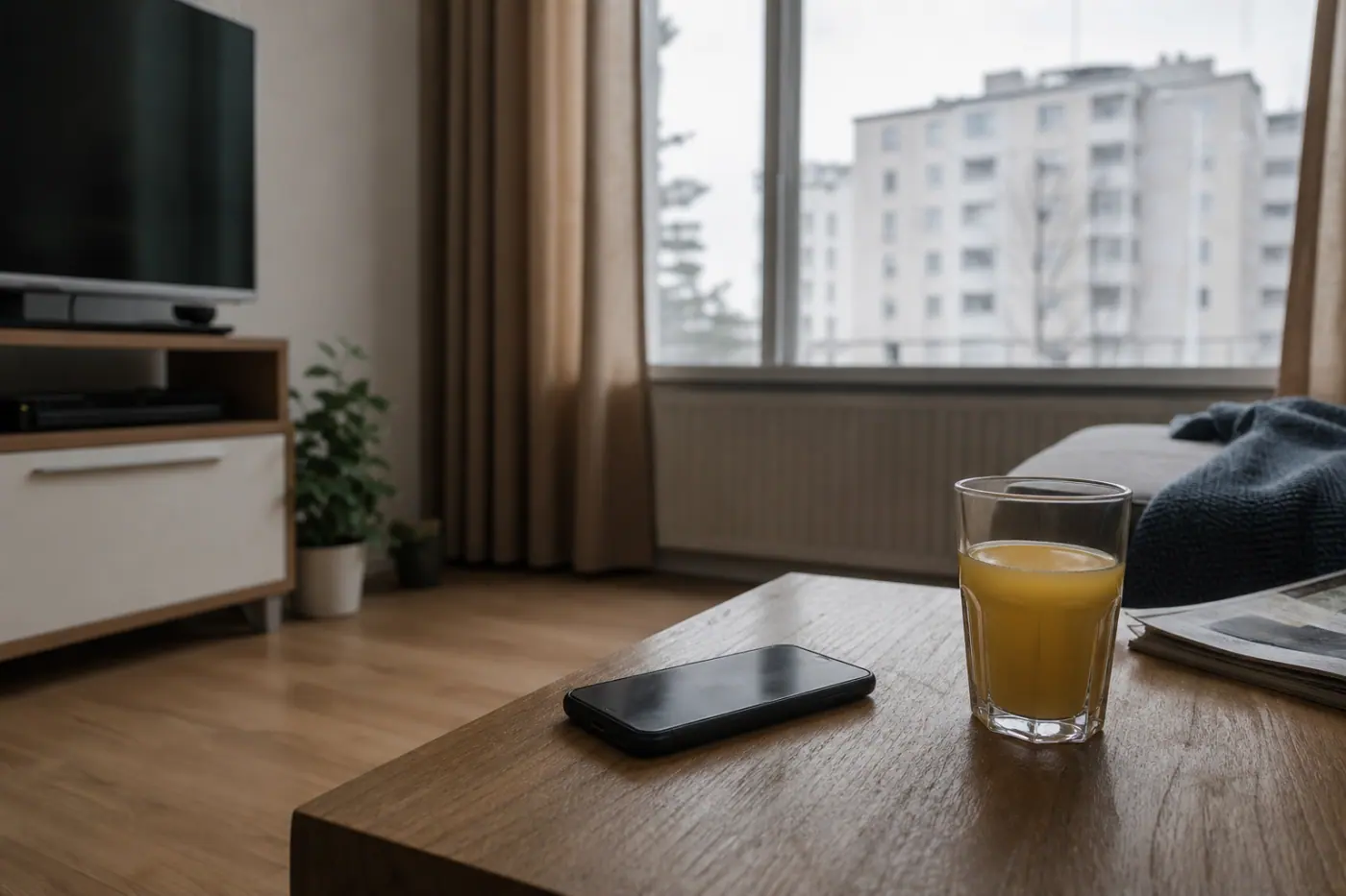 Olohuoneen pöydällä on näyttö alaspäin käännetty älypuhelin ja lasi mehua; taustalla näkyy vaatimaton suomalainen asunto.