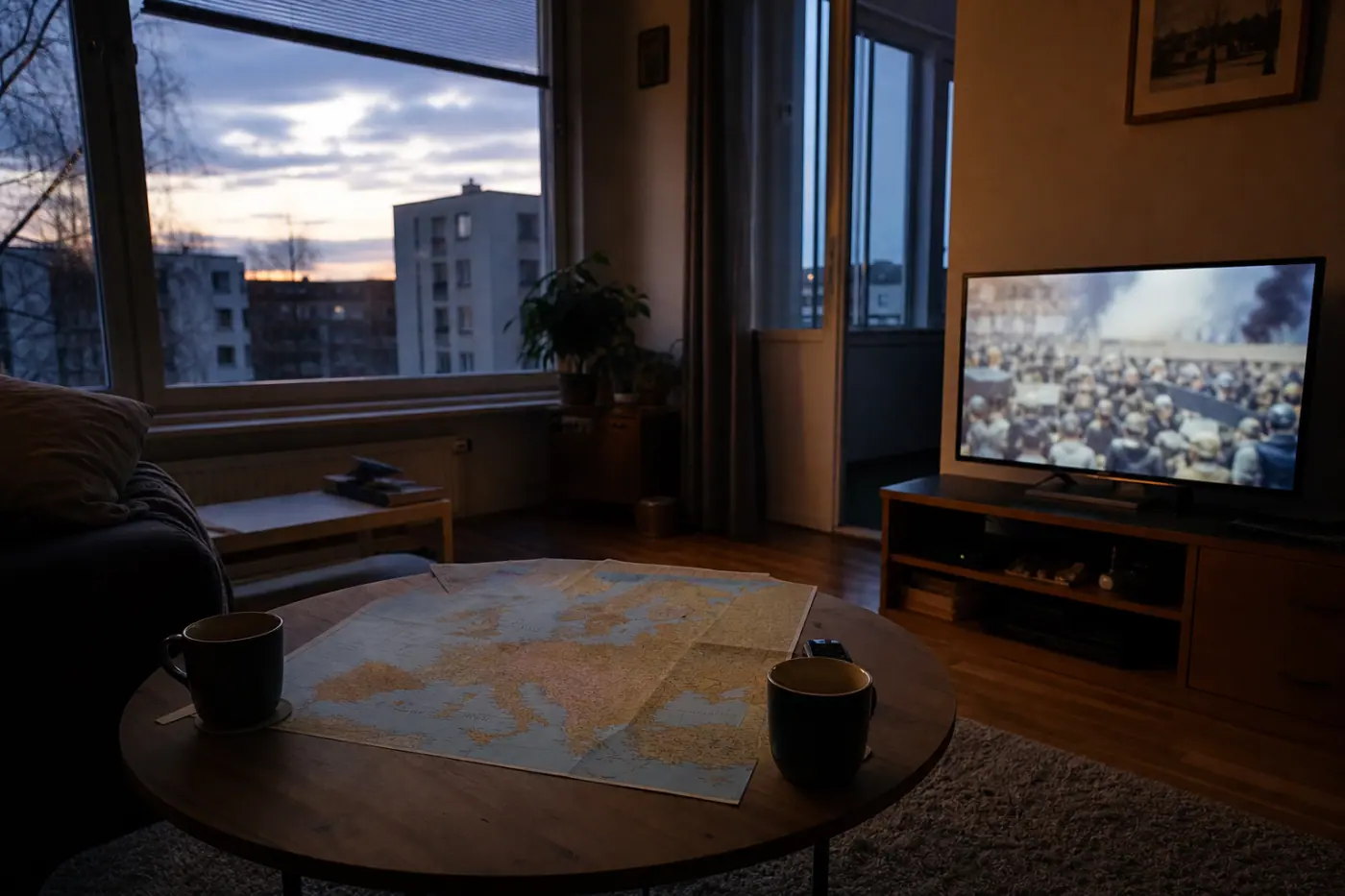 Hervantalaisen olohuoneen pöydällä on Euroopan kartta ja kaksi mukia, taustalla näkyy epätarkka televisioruutu.