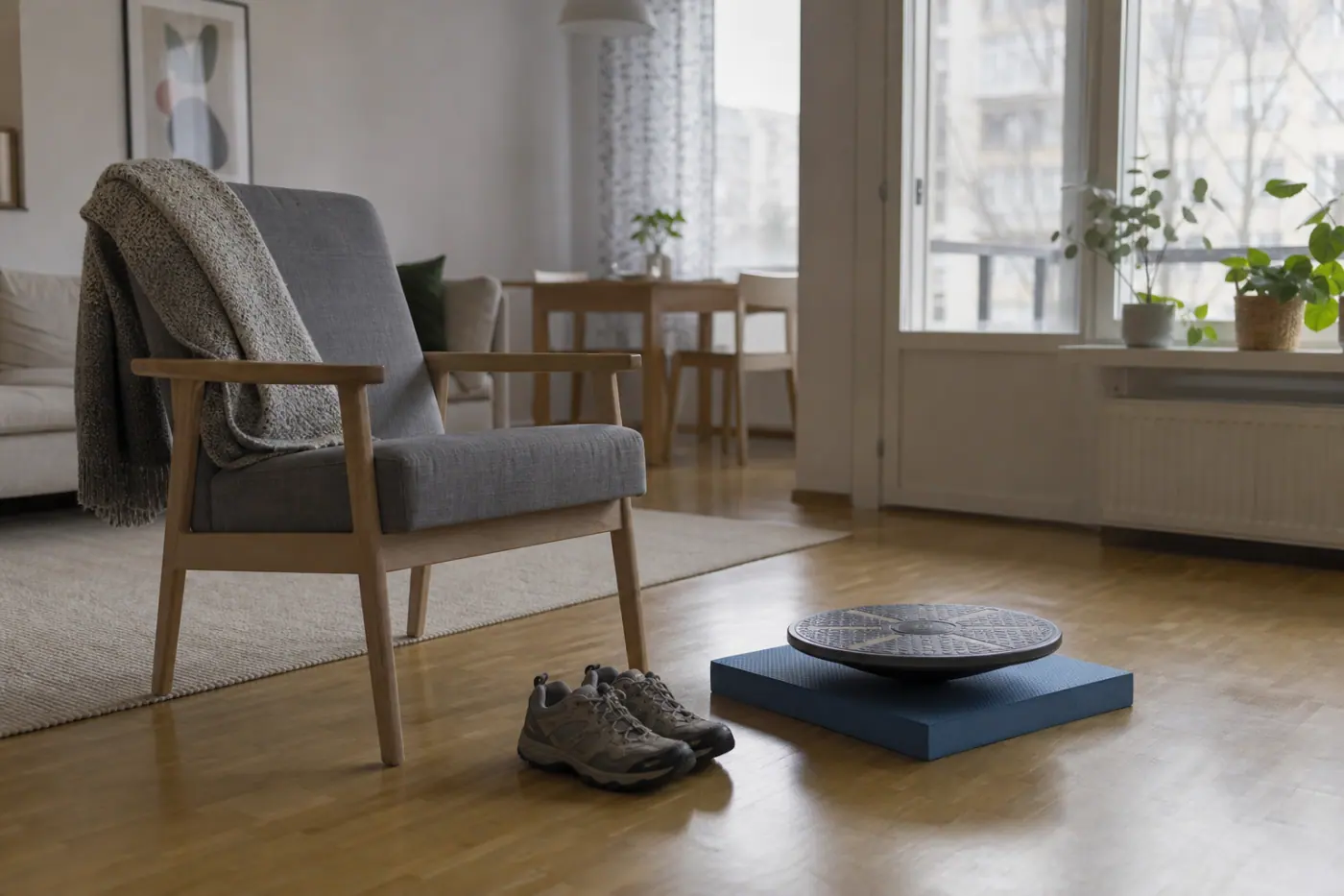 Suomalaisen asunnon olohuoneessa on tuoli, avoin lattiatila ja lenkkikengät liikuntaharjoituksia varten.
