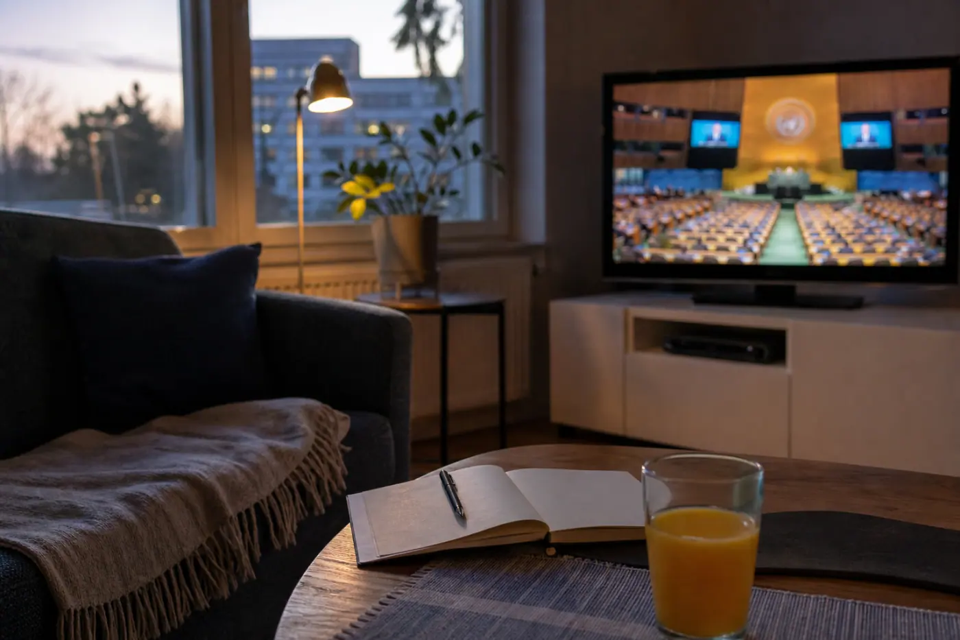 Hervantalaisen olohuoneen televisiossa näkyy sumea kansainvälinen kokous, ja pöydällä on muistikirja sekä lasi mehua.