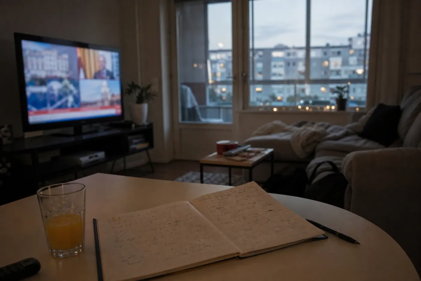 Hervantalaisen olohuoneen televisio näyttää epätarkkaa kansainvälistä uutislähetystä, ja pöydällä on muistiinpanovihko sekä lasi mehua.