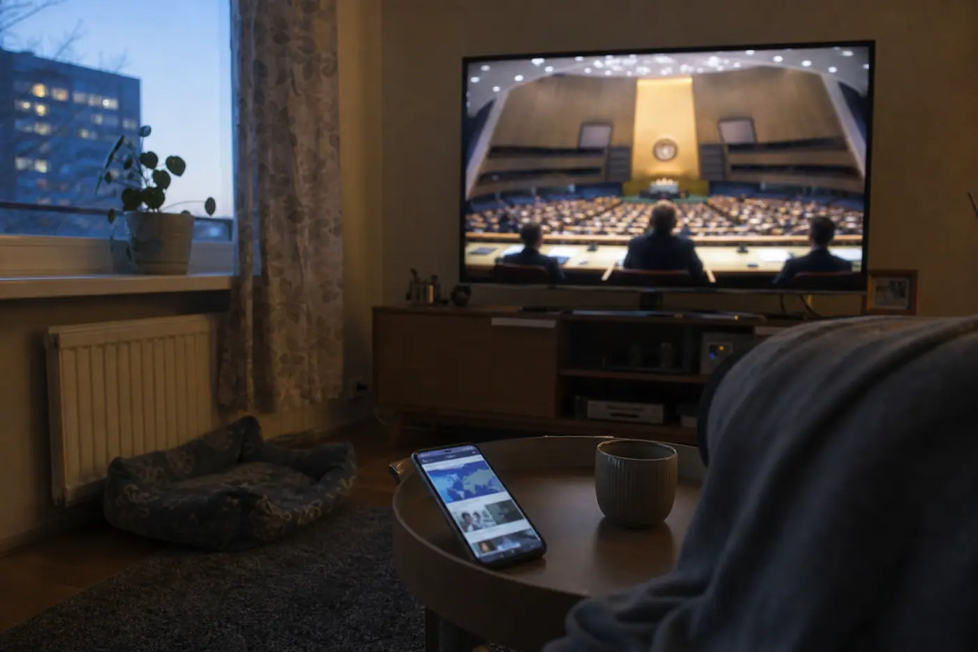 Hervantalaisen olohuoneen televisiossa näkyy epätarkka kansainvälinen kokous, ja pöydällä on puhelin.